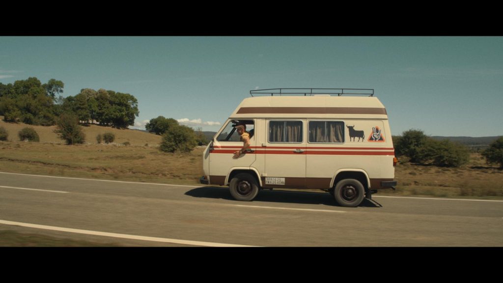 The Passenger daytime road sequence with the van driving through rural Navarre in anamorphic widescreen